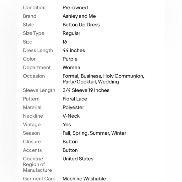 Vintage Ashley & Me Women’s Purple Lace neckline Button Up Dress Size 16 - Picture 15 of 15